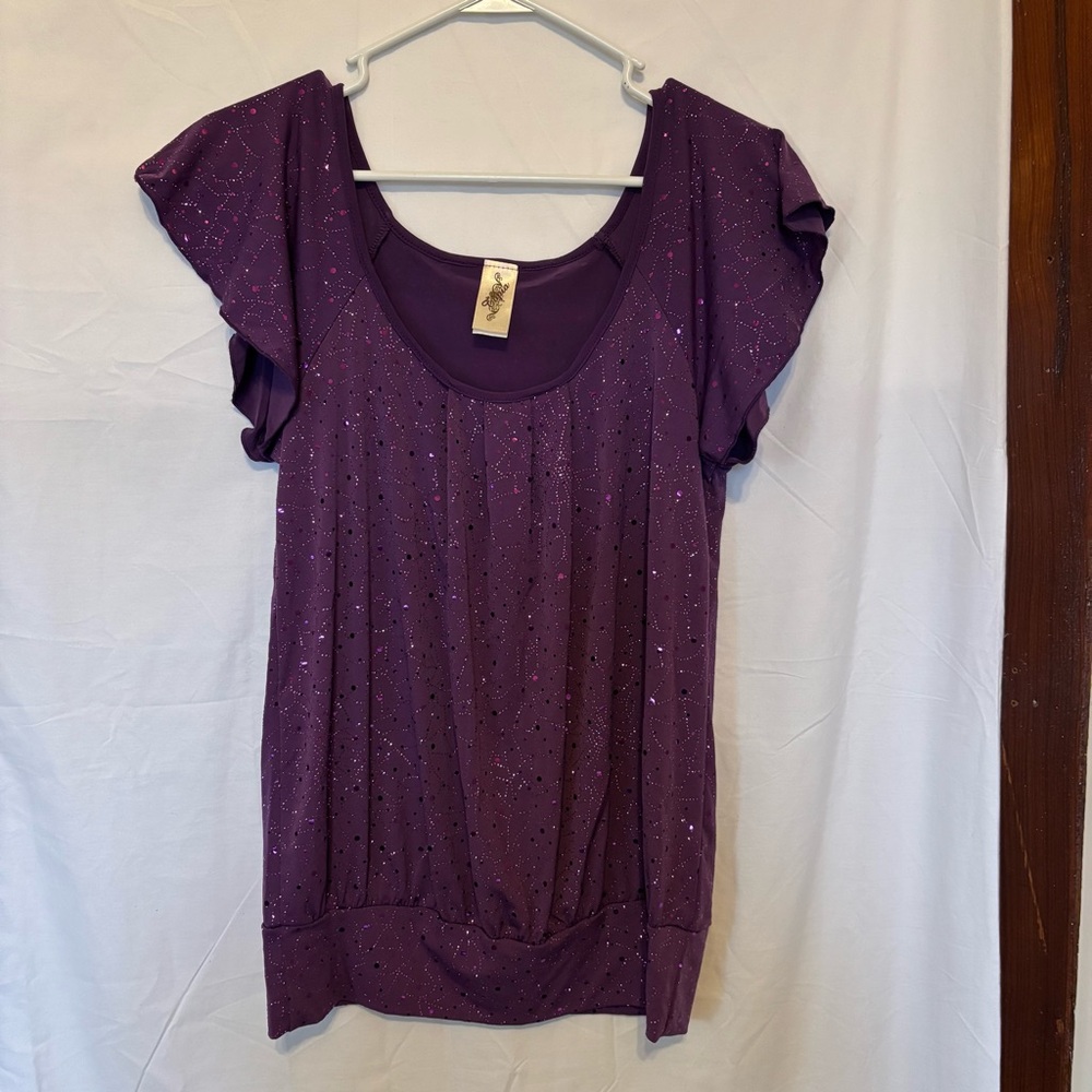 Topia Sparkling Sequins Purple Blouse with Flutter Sleeves XL